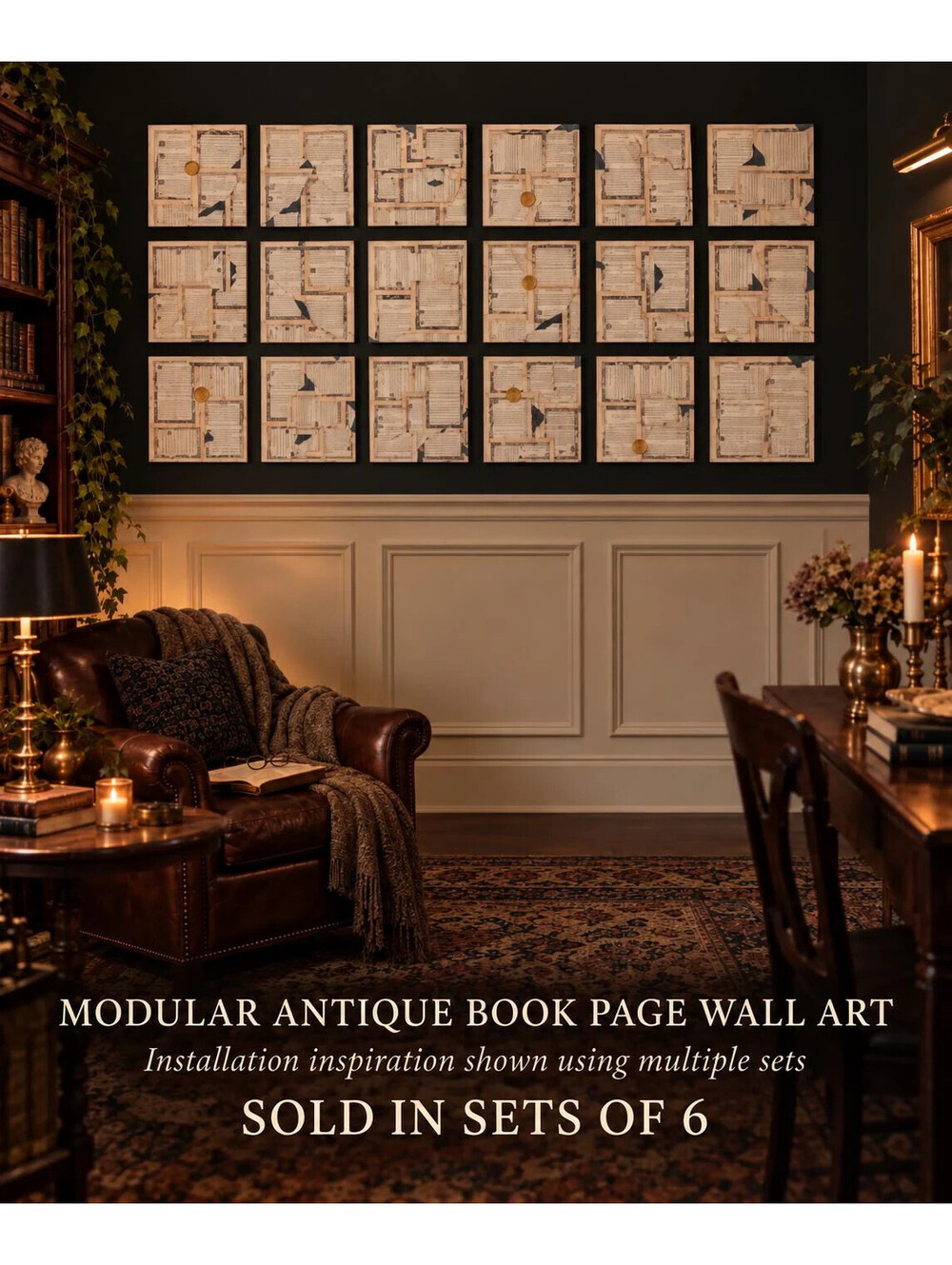 Antique Book Page Wall Art Set of 6, 12x12 Archive Panels, Dark Academia Vintage
